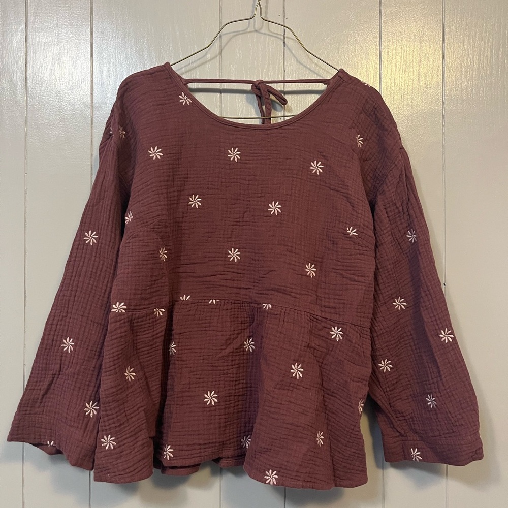 Madewell Womens L Pink Long Sleeve Embroidered Tie Back 100% Cotton Tunic Blouse